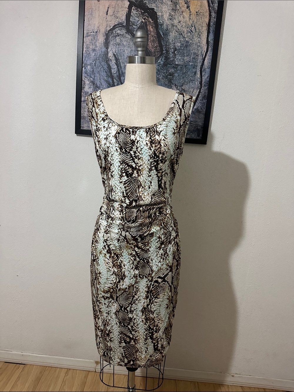 Cache Sleeveless Midi Dress in Brown and Cream Snake Print